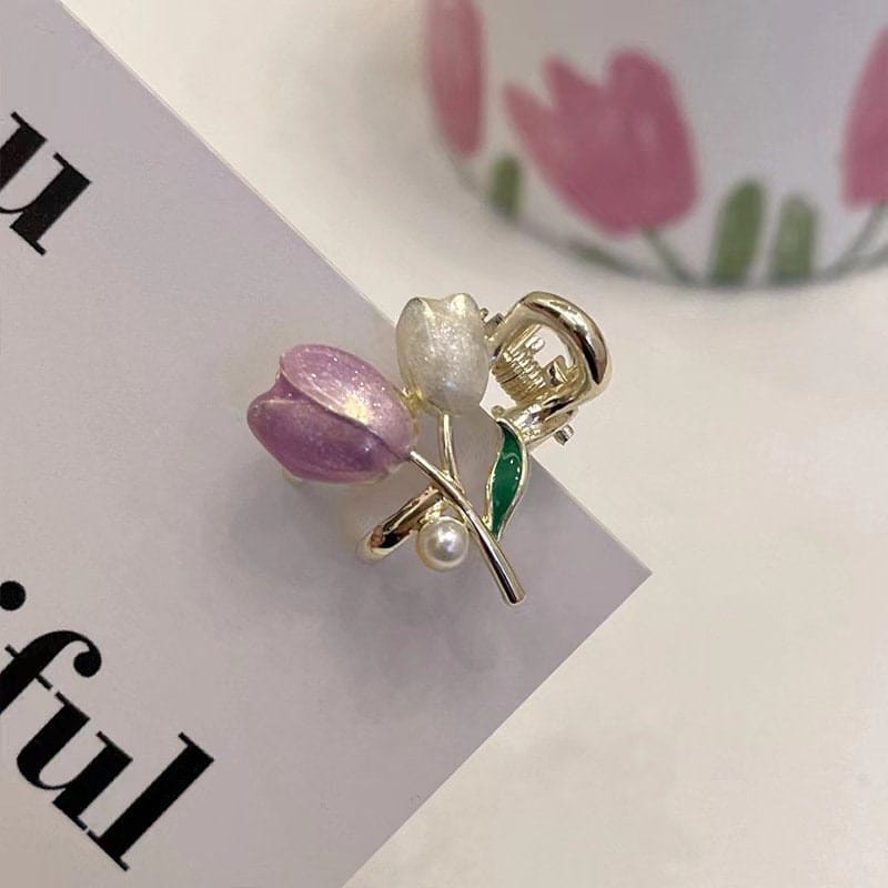 Chic Colorful Enamel Pearl Charm Tulip Hair Clip - ArtGalleryZen