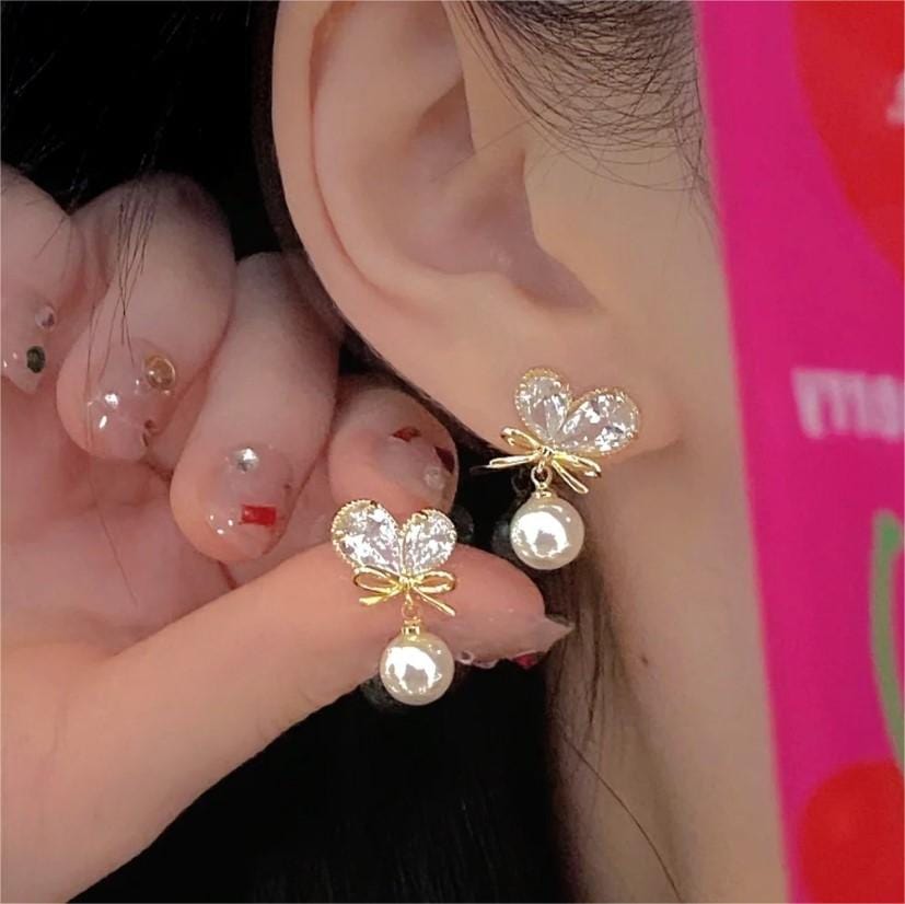 Chic Crystal Bowknot Heart Dangle Pearl Earrings - ArtGalleryZen