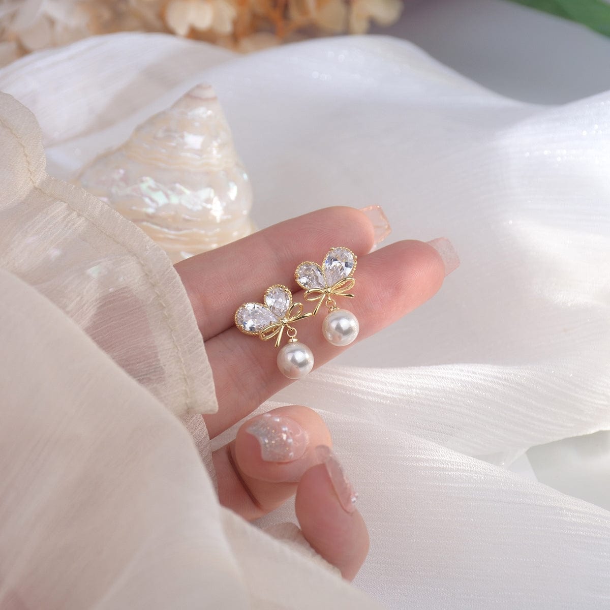 Chic Crystal Bowknot Heart Dangle Pearl Earrings - ArtGalleryZen