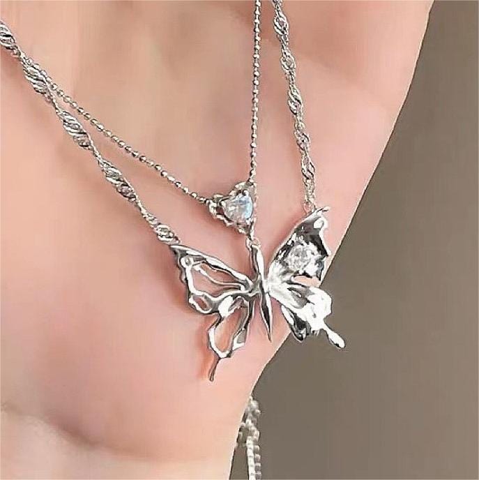 Chic Crystal Inlaid Layered Antique Silver Butterfly Necklace - ArtGalleryZen