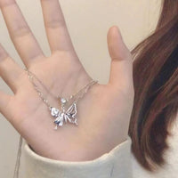 Thumbnail for Chic Crystal Inlaid Layered Antique Silver Butterfly Necklace - ArtGalleryZen