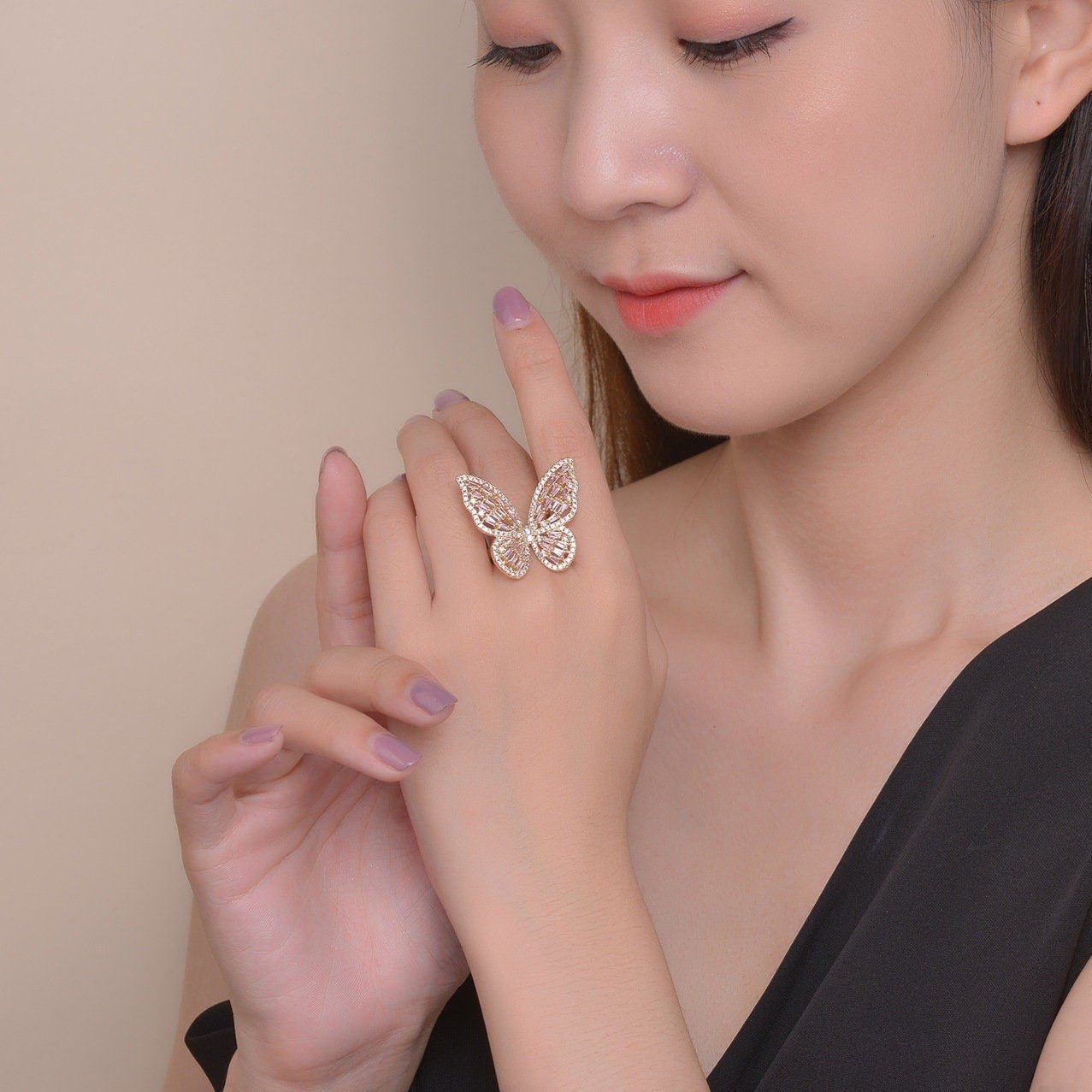 Chic CZ Inlaid Adjustable Butterfly Ring - ArtGalleryZen