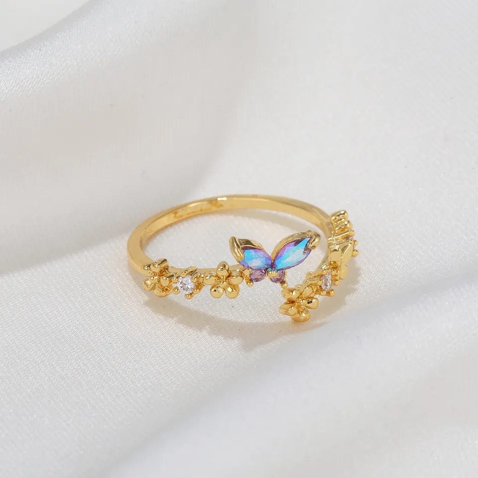 Chic CZ Inlaid Adjustable Floral Butterfly Ring - ArtGalleryZen