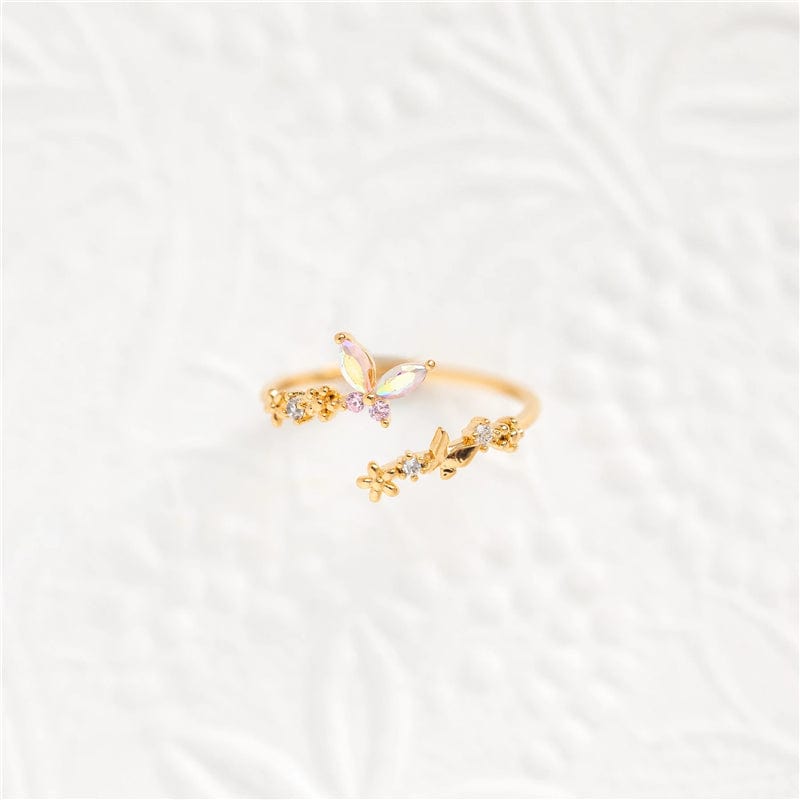 Chic CZ Inlaid Adjustable Floral Butterfly Ring - ArtGalleryZen