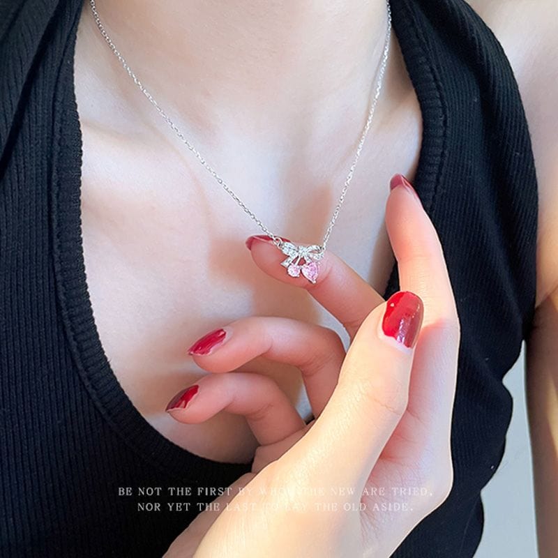 Chic CZ Inlaid Bowknot Cherry Pendant Necklace - ArtGalleryZen