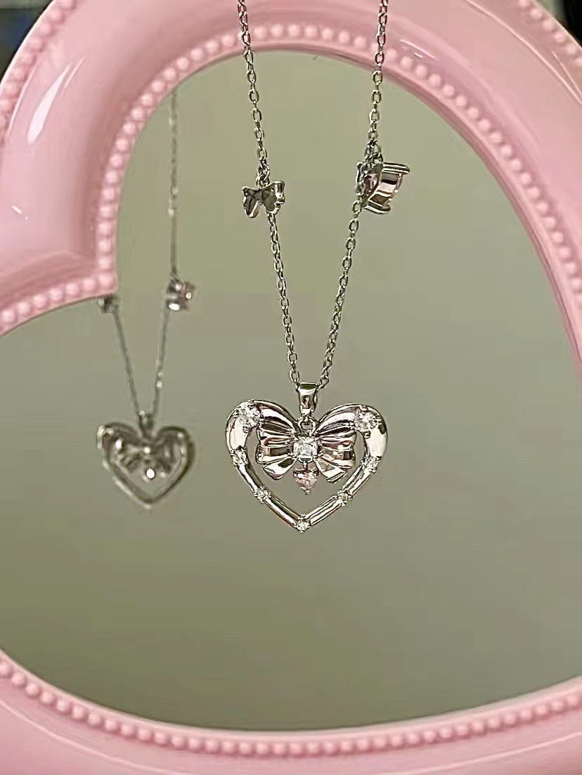 Chic CZ Inlaid Bowknot Heart Pendant Necklace - ArtGalleryZen