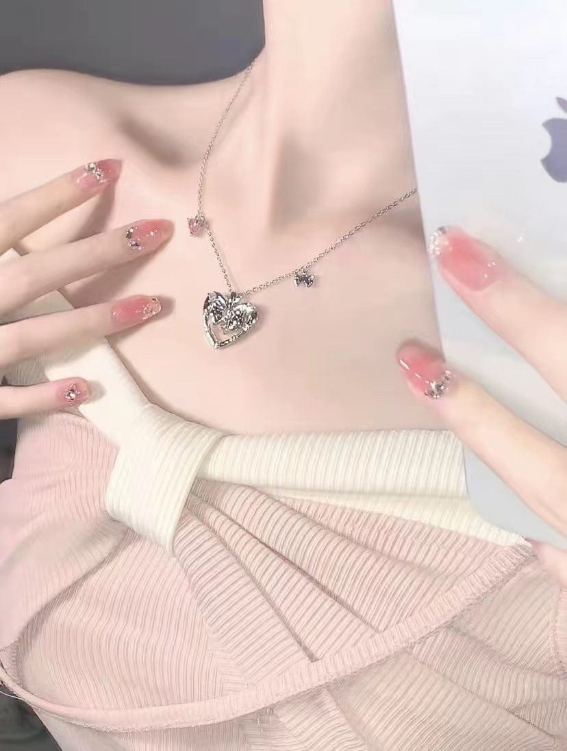Chic CZ Inlaid Bowknot Heart Pendant Necklace - ArtGalleryZen