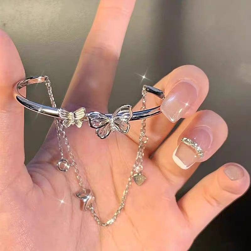 Chic CZ Inlaid Butterfly Charm Cable Chain Bangle Bracelet - ArtGalleryZen