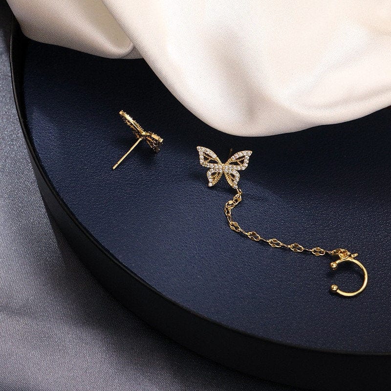 Chic CZ Inlaid Butterfly Ear Cuff Chain Earrings - ArtGalleryZen