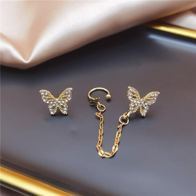 Chic CZ Inlaid Butterfly Ear Cuff Chain Earrings - ArtGalleryZen