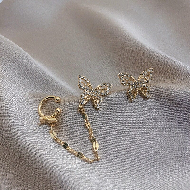 Chic CZ Inlaid Butterfly Ear Cuff Chain Earrings - ArtGalleryZen