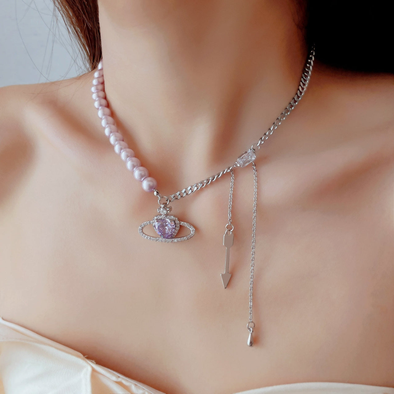 Chic CZ Inlaid Celestial Planet Heart Pendant Pearl Chain Necklace - ArtGalleryZen