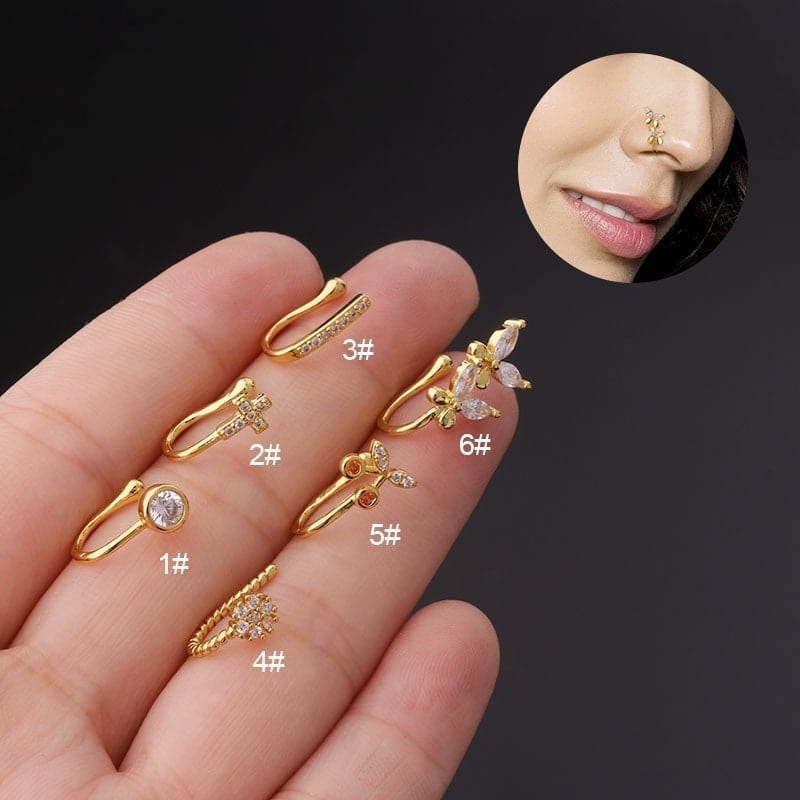POSICHE 9pcs Fake Nose Ring Set, Non Piercing Fake Piercings Face Nose Ring  Hoop, Non-pierced U-shaped Nose Clip Copper Inlaid Zircon Star Heart Crown Nose  Ring Fake Nose Piercing Jewelry (White gold) :