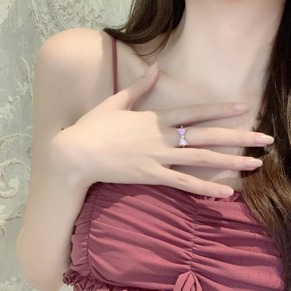 Chic CZ Inlaid Colorful Crystal Heart Bowknot Ring - ArtGalleryZen