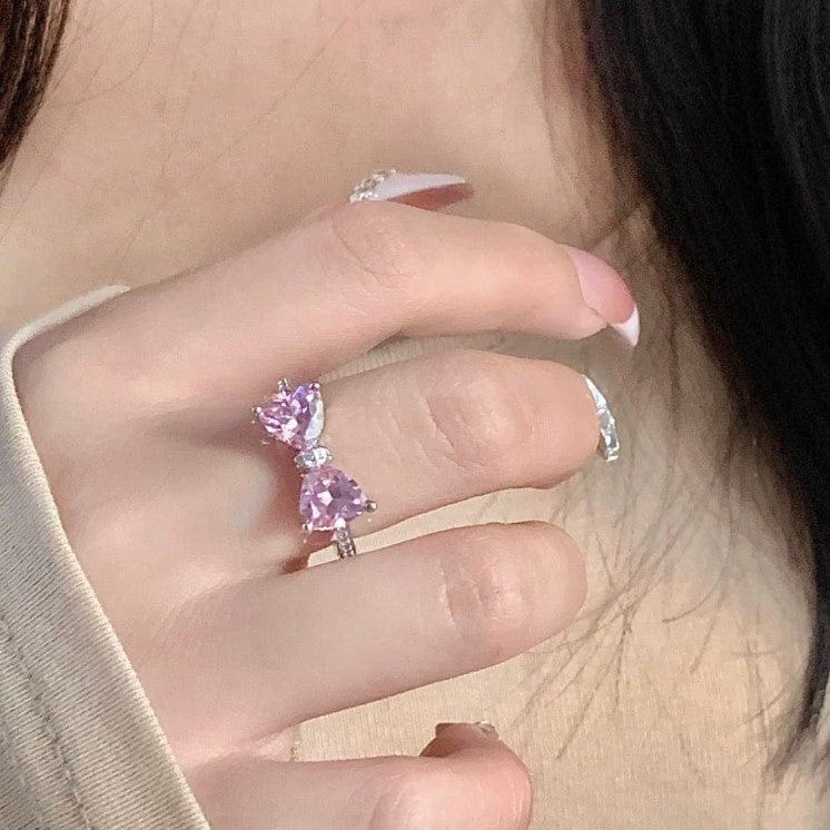 Chic CZ Inlaid Colorful Crystal Heart Bowknot Ring - ArtGalleryZen