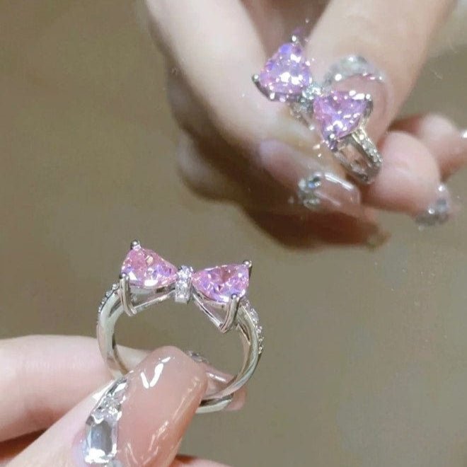 Chic CZ Inlaid Colorful Crystal Heart Bowknot Ring - ArtGalleryZen