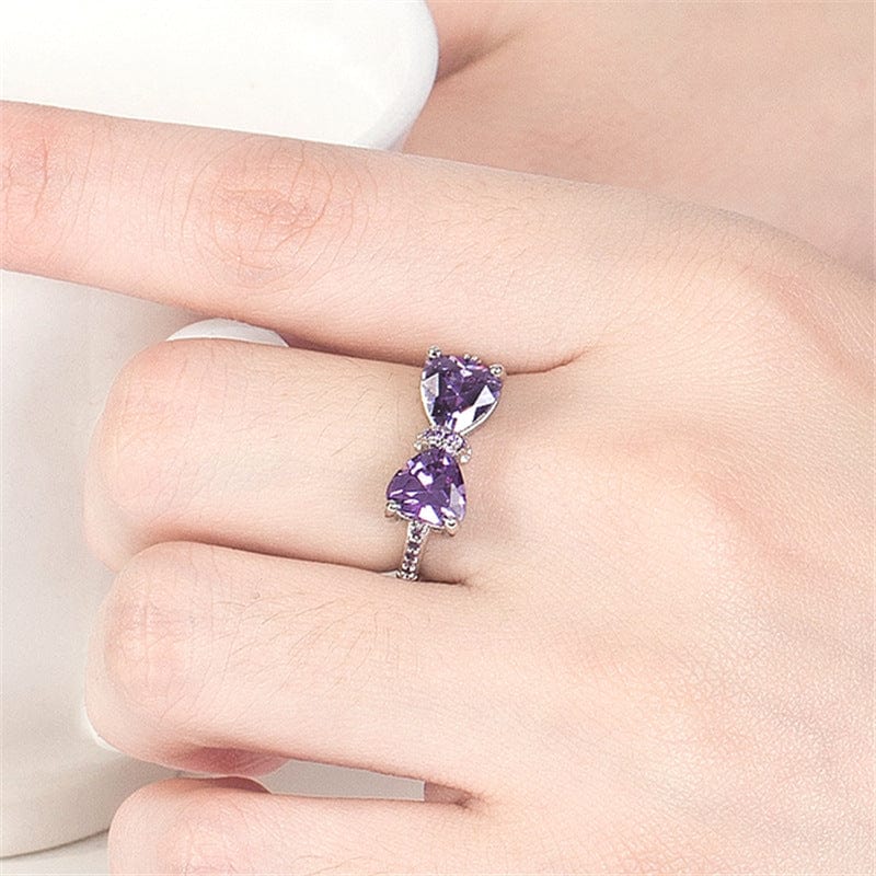 Chic CZ Inlaid Colorful Crystal Heart Bowknot Ring - ArtGalleryZen