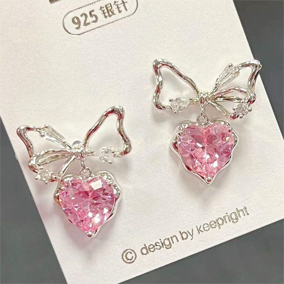Chic CZ Inlaid Crystal Bowknot Heart Dangle Earrings - ArtGalleryZen