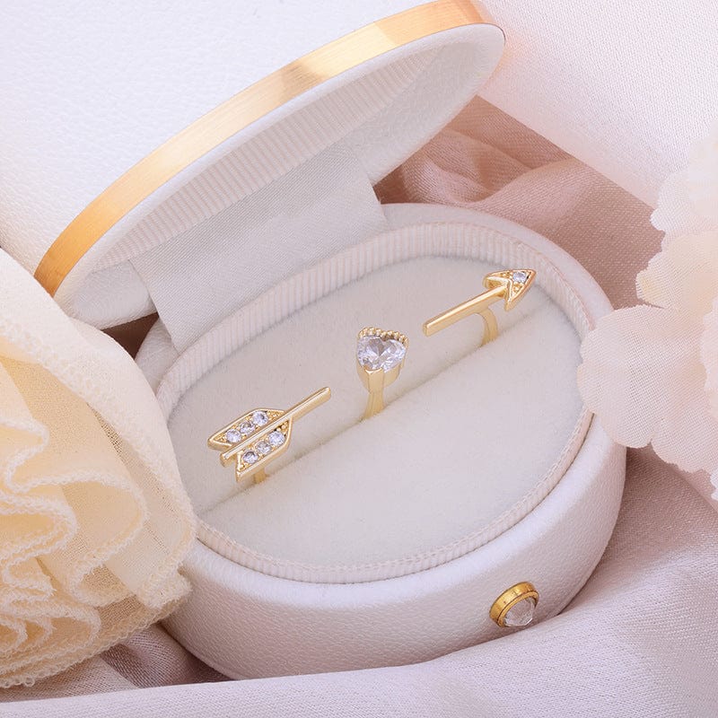 Chic CZ Inlaid Crystal Heart Arrow Of Love Double Ring Floral Ring Set - ArtGalleryZen