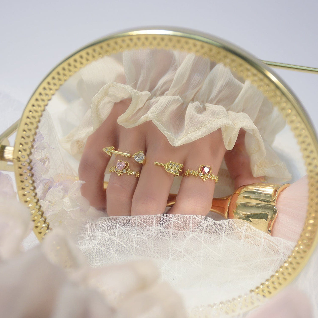 Chic CZ Inlaid Crystal Heart Arrow Of Love Double Ring Floral Ring Set - ArtGalleryZen