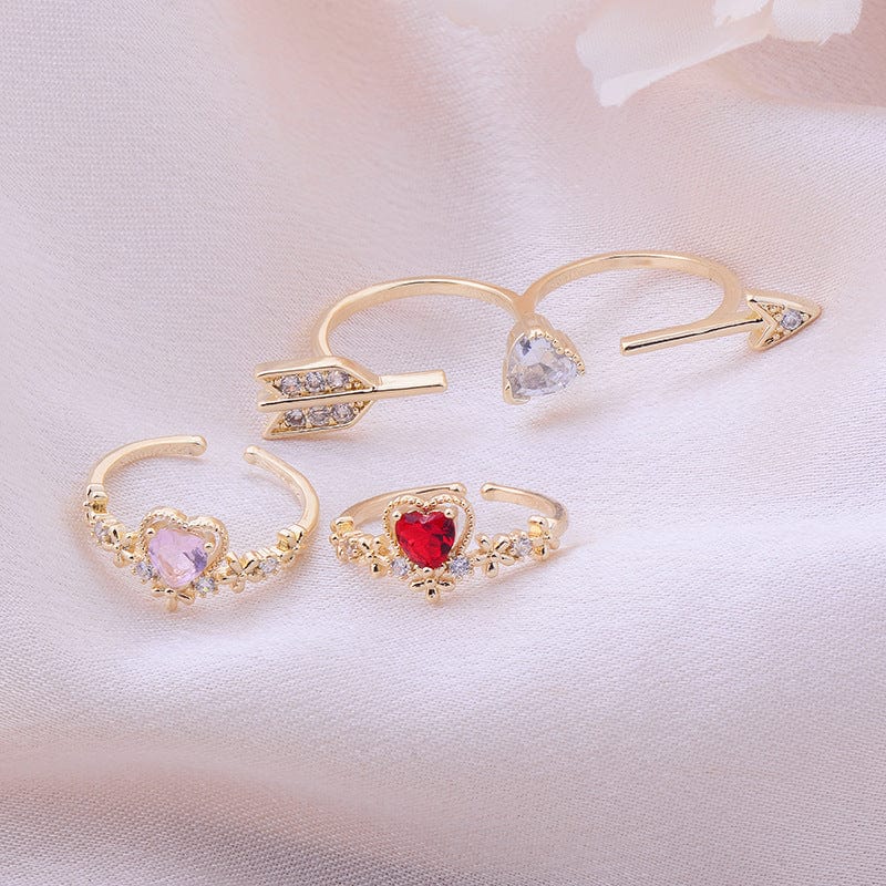 Chic CZ Inlaid Crystal Heart Arrow Of Love Double Ring Floral Ring Set - ArtGalleryZen