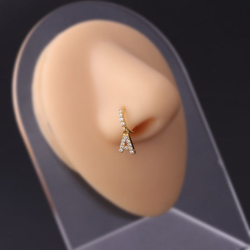 Chic CZ Inlaid Dangling Initial Letter Nose Piercing Nose Hoop - ArtGalleryZen