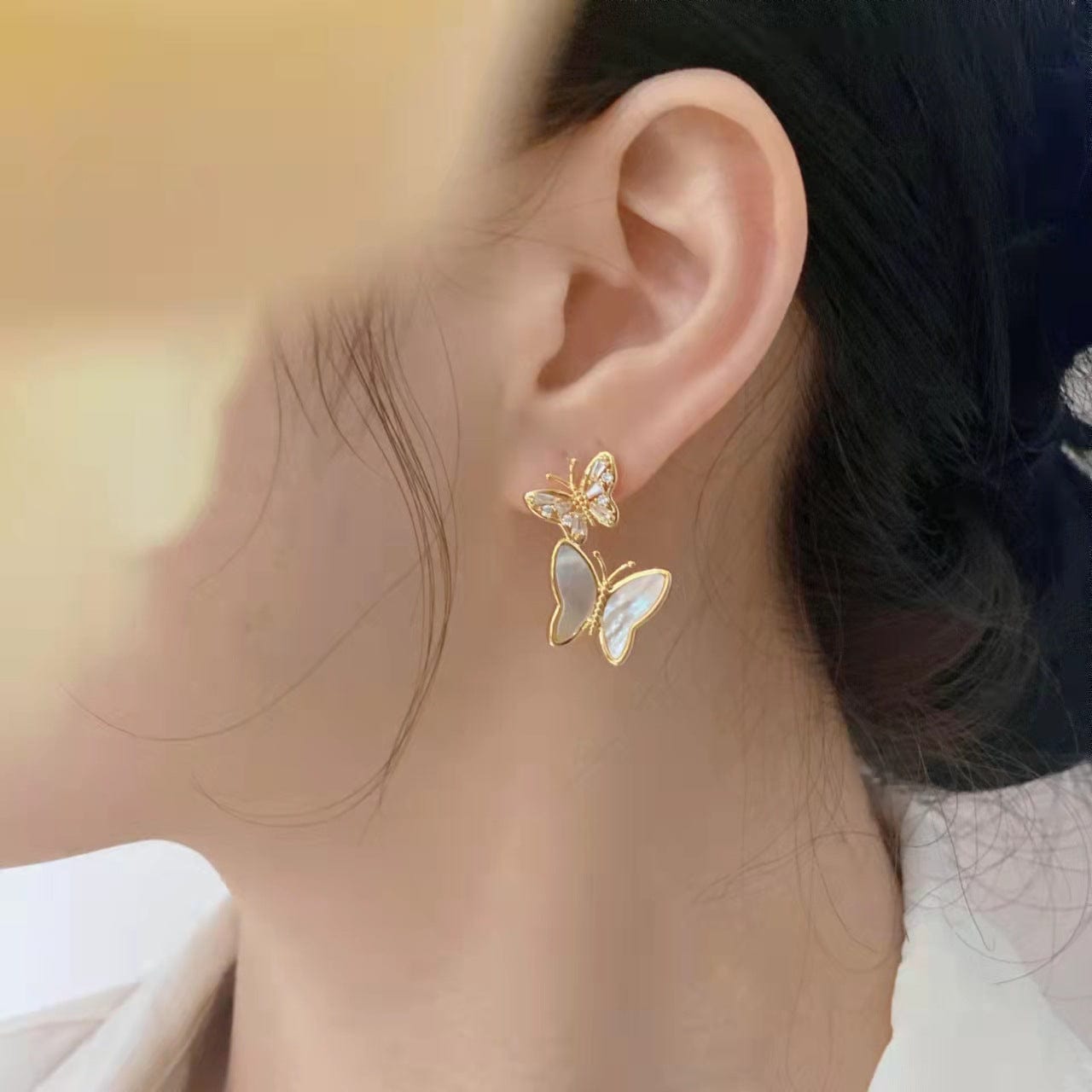 Chic CZ Inlaid Duo Butterfly Dangle Earrings - ArtGalleryZen