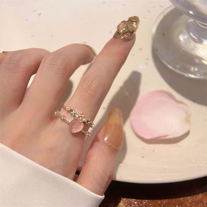 Chic CZ Inlaid Enamel Floral Opal Heart Ring - ArtGalleryZen
