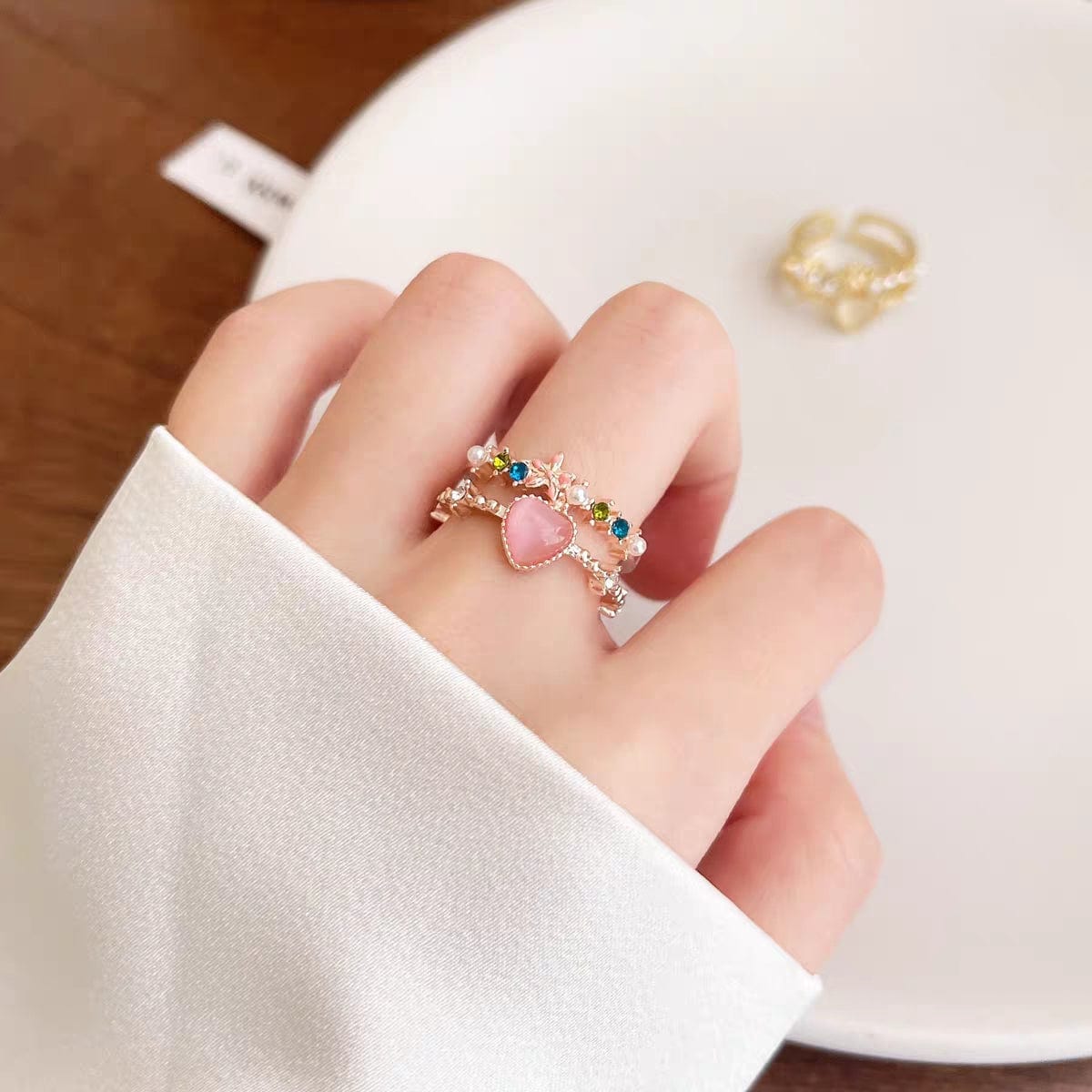 Chic CZ Inlaid Enamel Floral Opal Heart Ring - ArtGalleryZen