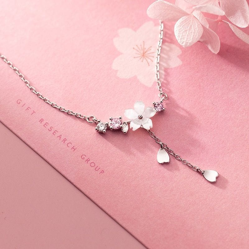 Chic CZ Inlaid Heart Tassel Cherry Blossom Necklace - ArtGalleryZen
