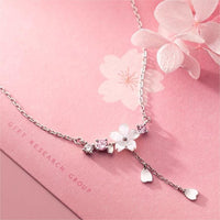 Thumbnail for Chic CZ Inlaid Heart Tassel Cherry Blossom Necklace - ArtGalleryZen