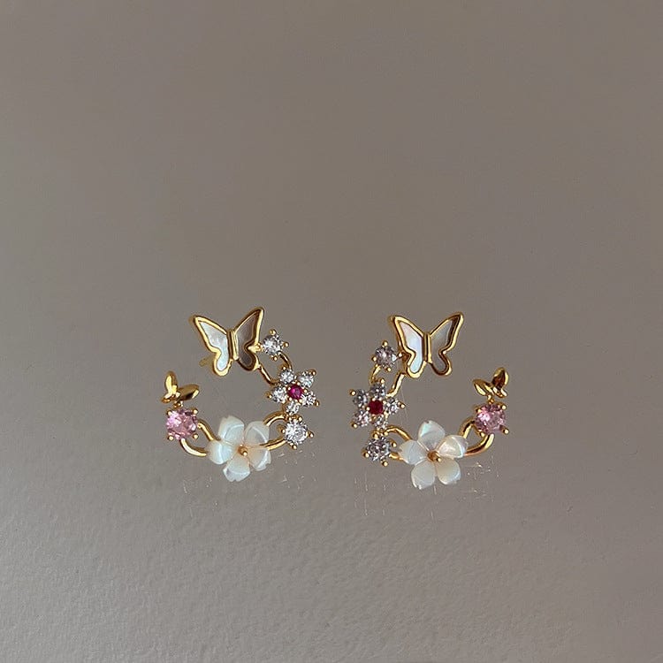 Chic CZ Inlaid Natural Pearl Shell Butterfly Floral Earrings - ArtGalleryZen