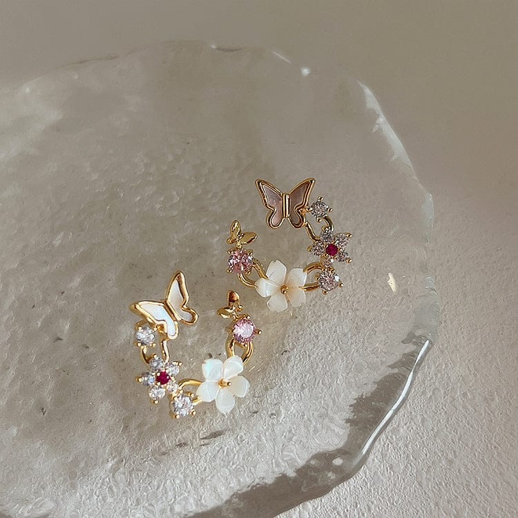 Chic CZ Inlaid Natural Pearl Shell Butterfly Floral Earrings - ArtGalleryZen