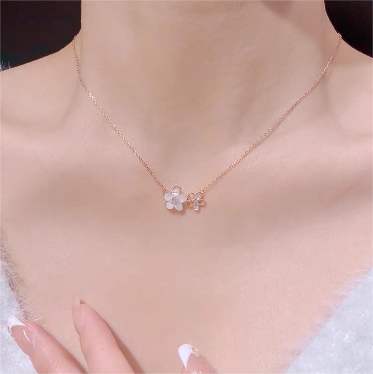 Chic CZ Inlaid Natural Pearl Shell Duo Cherry Blossom Necklace - ArtGalleryZen