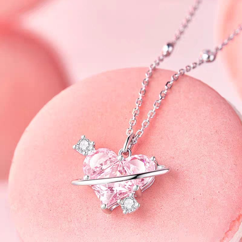 Chic CZ Inlaid Pink Celestial Heart Necklace - ArtGalleryZen
