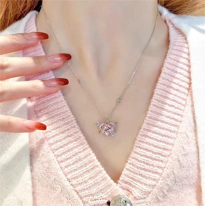 Chic CZ Inlaid Pink Celestial Heart Necklace - ArtGalleryZen