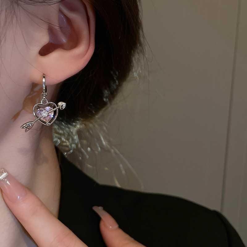 Chic CZ Inlaid Pink Crystal Arrow Heart Earrings - ArtGalleryZen