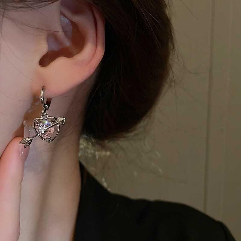 Chic CZ Inlaid Pink Crystal Arrow Heart Earrings - ArtGalleryZen