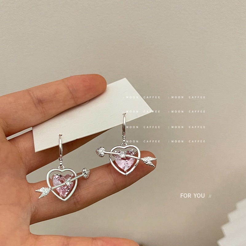 Chic CZ Inlaid Pink Crystal Arrow Heart Earrings - ArtGalleryZen