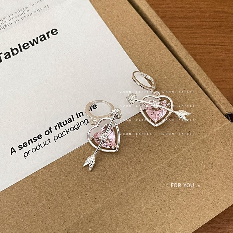 Chic CZ Inlaid Pink Crystal Arrow Heart Earrings - ArtGalleryZen