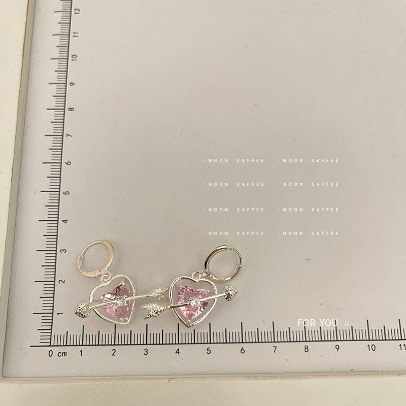 Chic CZ Inlaid Pink Crystal Arrow Heart Earrings - ArtGalleryZen