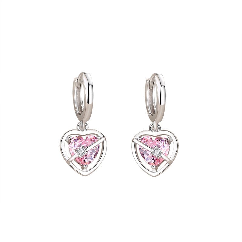Chic CZ Inlaid Pink Crystal Dangle Heart Earrings - ArtGalleryZen