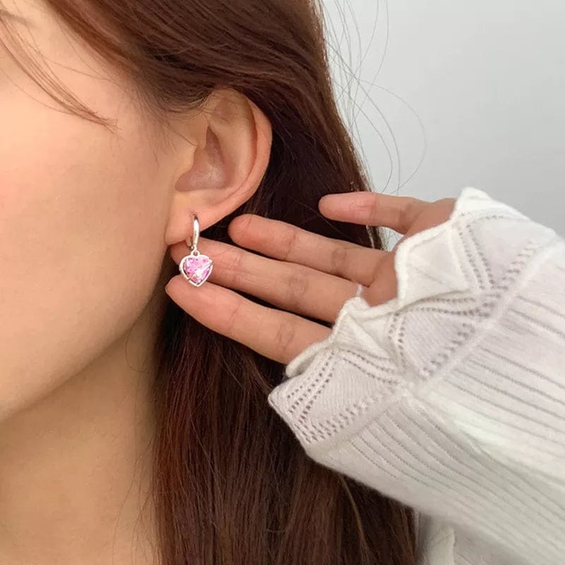 Chic CZ Inlaid Pink Crystal Dangle Heart Earrings - ArtGalleryZen