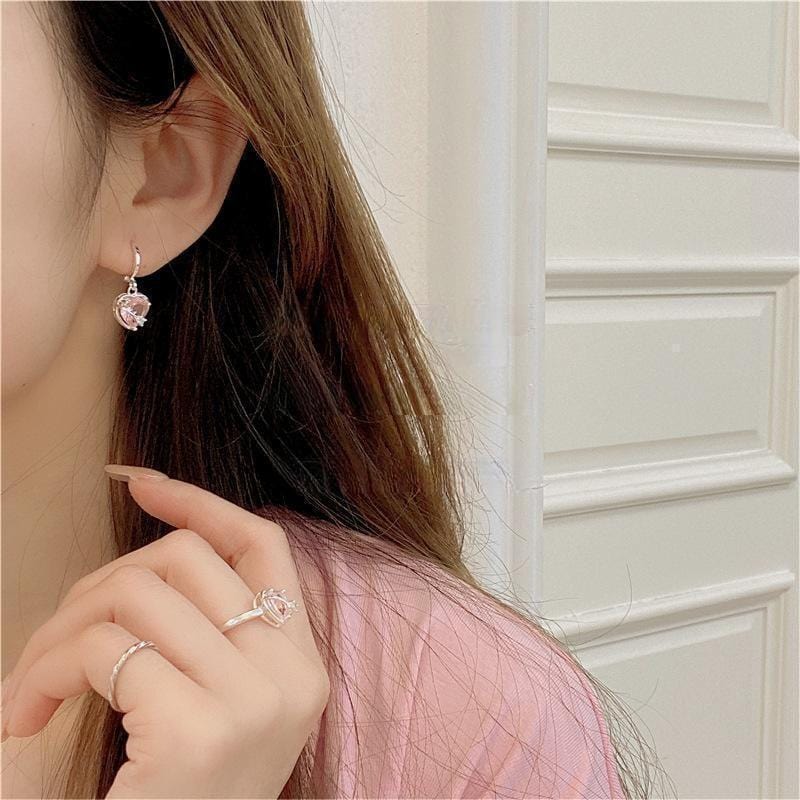 Chic CZ Inlaid Pink Crystal Dangle Heart Earrings - ArtGalleryZen