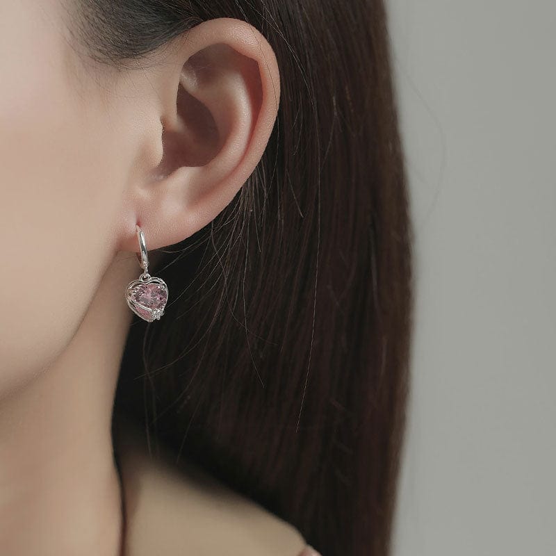 Chic CZ Inlaid Pink Crystal Dangle Heart Earrings - ArtGalleryZen