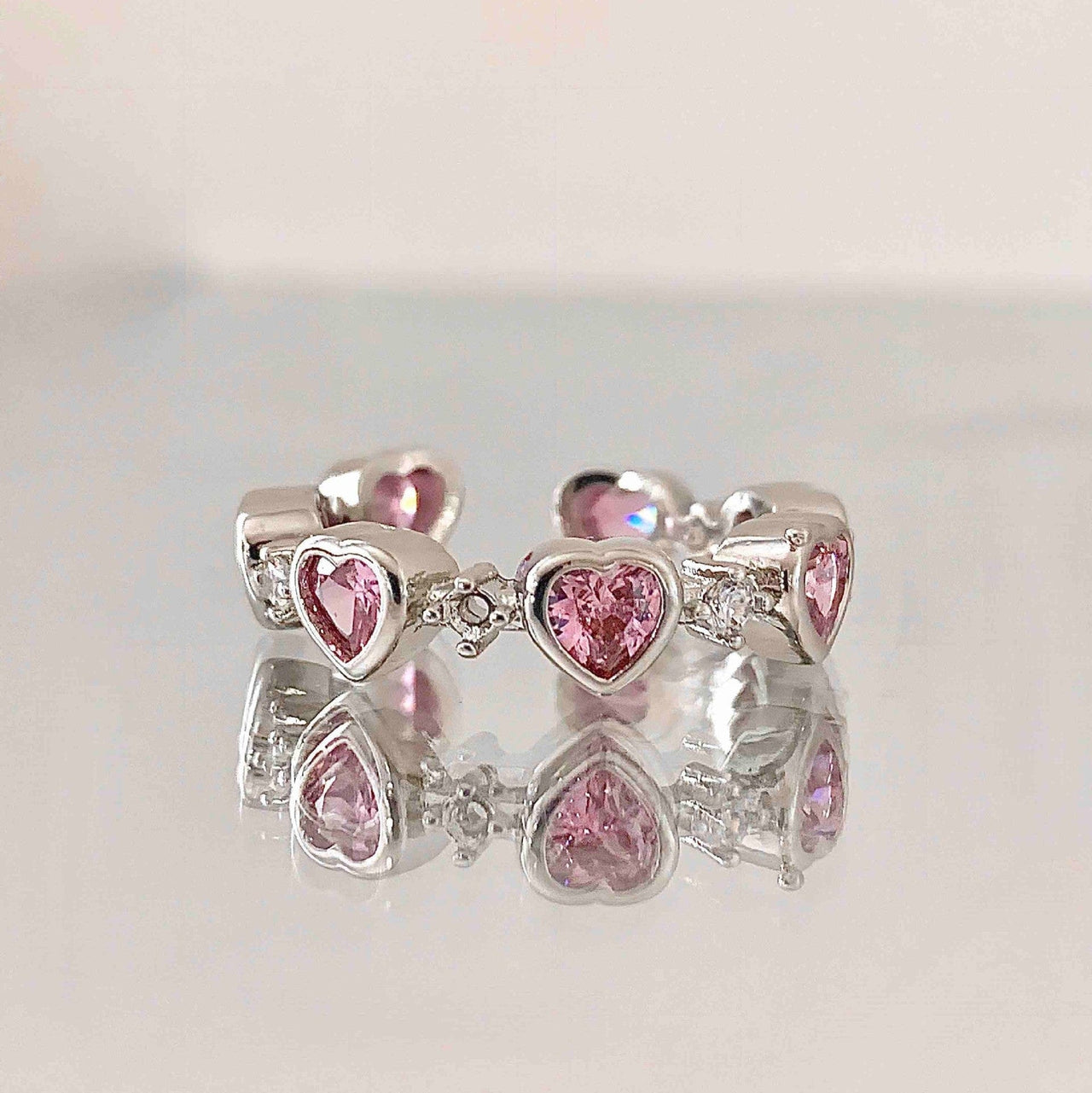 Chic CZ Inlaid Pink Crystal Heart Ring - ArtGalleryZen
