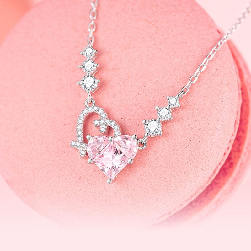 Chic CZ Inlaid Pink Diamond Duo Heart Necklace