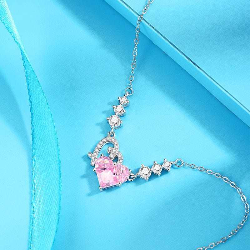 Chic CZ Inlaid Pink Diamond Duo Heart Necklace - ArtGalleryZen