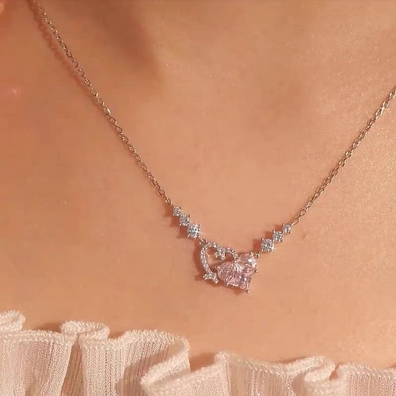 Chic CZ Inlaid Pink Diamond Duo Heart Necklace - ArtGalleryZen