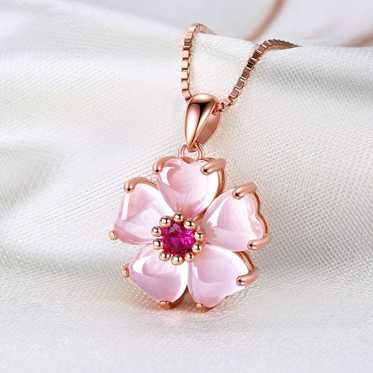 Chic CZ Inlaid Pink Opal Heart Cherry Blossom Pendant Necklace - ArtGalleryZen